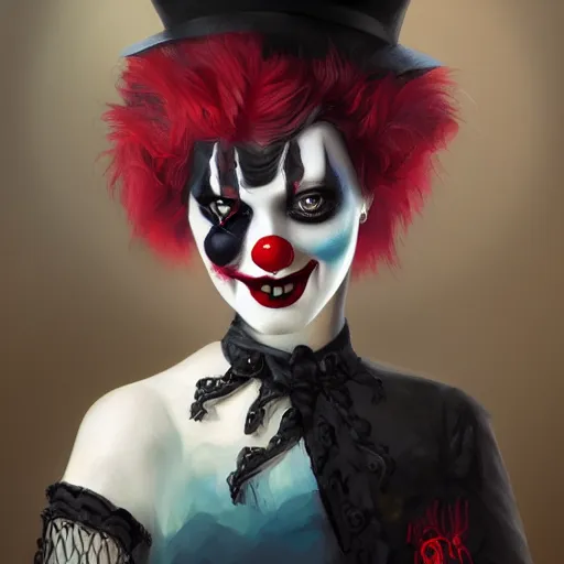 Image similar to goth clown girl, painting, highly detailed, artstation