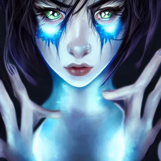 Prompt: beautiful monster girl, black hair, blue eyes, glowing skin, photorealistic