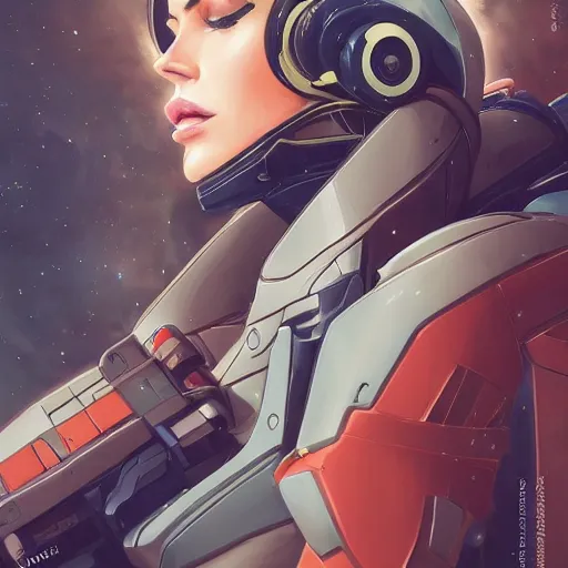 Image similar to a portrait of a stunning beautiful elite megan fox gundam pilot, with an intricate, detailed, urban inspired hiphop afro futuristic helmet, vector behance hd jesper ejsing, rhads, makoto shinkai, lois van baarle, ilya kuvshinov, rossdraws, hd, 3 2 k, ilya kuvshinov, gustav klimt