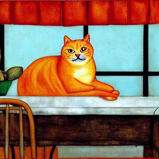 Image similar to fat orange tabby cat eating lasagna on a table, afternoon, by frida kahlo, neighborhood outside window