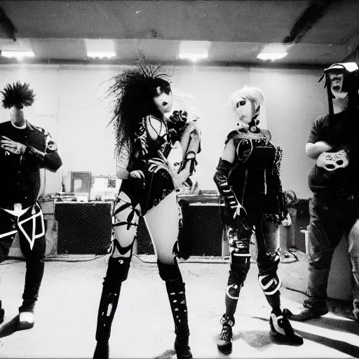 Prompt: electropunk cybergoth band performing in a vast underground bunker, berlin 1 9 8 2, grainy high contrast black and white