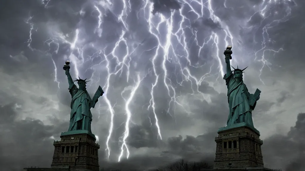 Image similar to cthulhu destroying statue of liberty, lightning, storms, volumetric lightning by eugene von guerard, ivan shishkin, dramatic lighting, concept art, trending on artstation, 8 k
