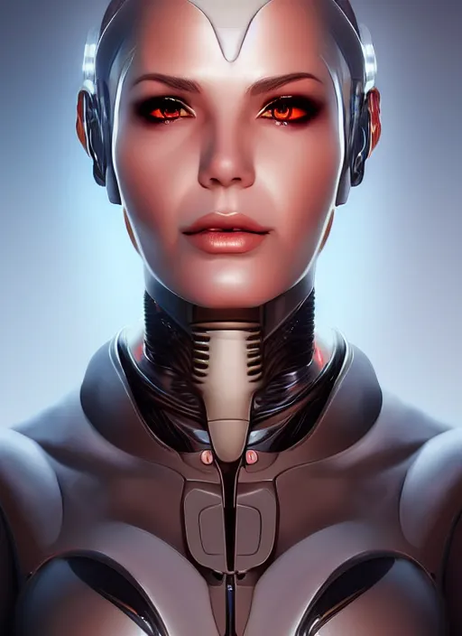 Image similar to portrait of a cyborg woman by Artgerm, (((((face turns left))))) face turns right, open eyes , biomechanical, hyper detailled, trending on artstation
