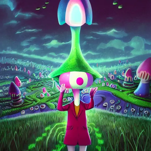 Image similar to 4 k headshot portrait of a psychedelic demonic anthropomorphic bunny rabbit with mushroom themed clothes, magic mushroom village in background. award winning, stylized neon, post - processing, masterpiece, superb resolution. in the art style of junji ito and greg rutkowski. detailed mushroom city in background. hyper realistic anime. perfect art. dalle 2