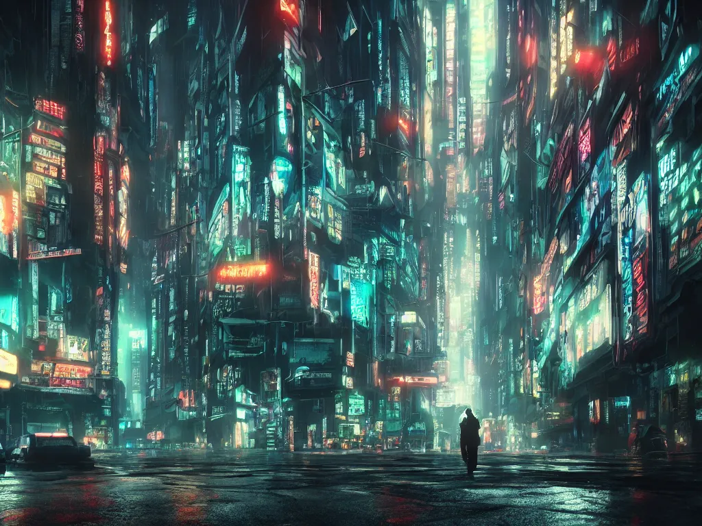 Image similar to cyberpunk lovecraft vibe in blade runner with hiromasa ogura set design, epic exterior streetscape with flying cars, high octane, stunning cinematic lighting, dark mood, abstract wet misty drizzling atmosphere, cthulhu, neon light bloom, light leaks 4 k unreal engine render lens flare