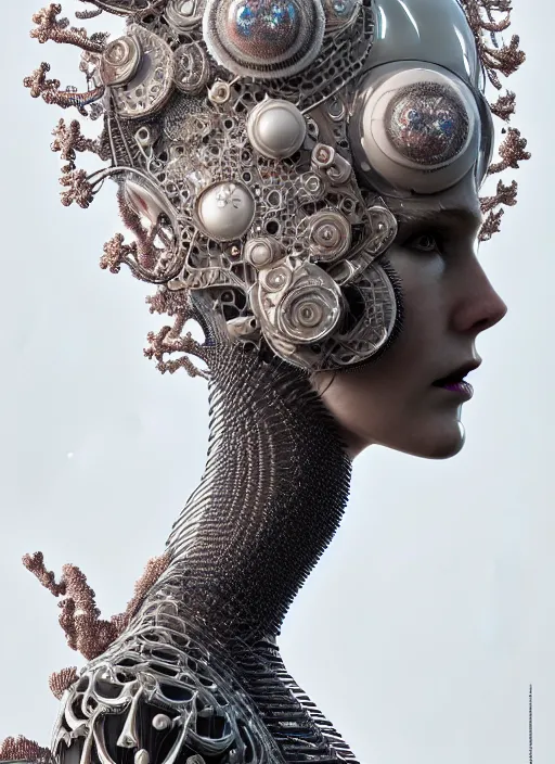 Prompt: portrait of an absurdly beautiful, graceful, sophisticated, fashionable cyberpunk mechanoid, hyperdetailed illustration by irakli nadar and alexandre ferra, intricate linework, white porcelain skin, faberge, fractal, coral headdress, unreal engine 5 highly rendered, global illumination, radiant light, detailed and intricate environment