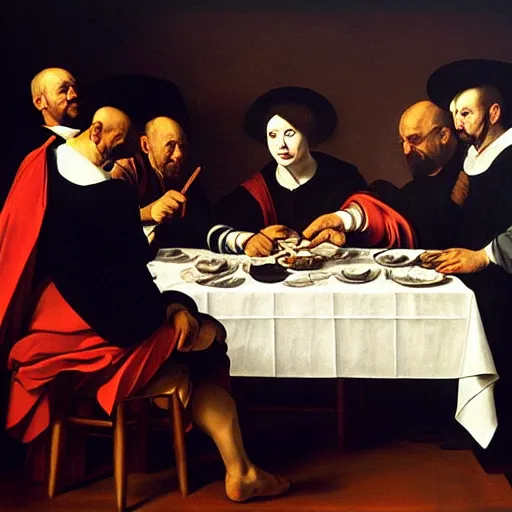 Image similar to painting of Leaders of the world having supper together, style of Caravaggio