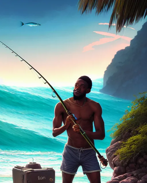 Image similar to a 3 0 - year old athletic and beautiful male jamaican, fisherman, modern clothing, magical fishing rod weapon, ocean background, unreal engine, fantasy art by greg rutkowski, loish, rhads, makoto shinkai and lois van baarle, ilya kuvshinov, rossdraws, tom bagshaw, global illumination, radiant light, detailed and intricate environment