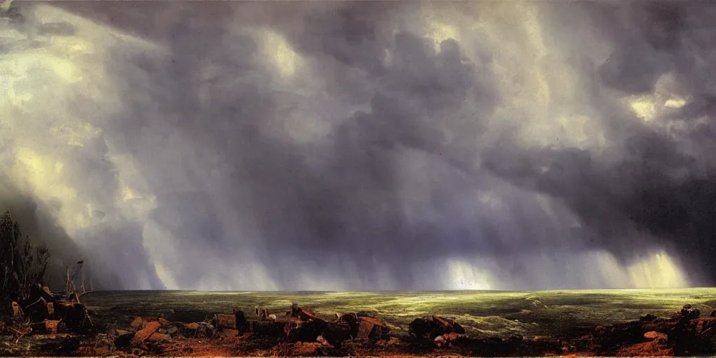 Image similar to an immense storm fills the sky, the ground shatters cataclysmicly, Ivan Shishkin and John Martin