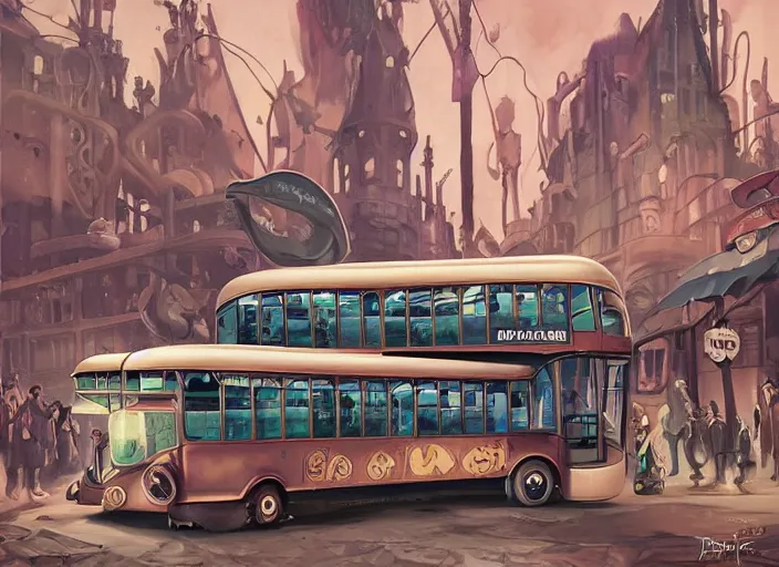 Image similar to matte sharp painting, a steampunk double decker bus, juxtapoz, artforum, gary baseman, preston blair, tex avery, dan mumford, pedro correa