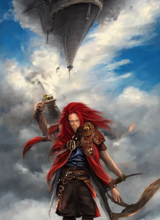 Image similar to epic fantasy portrait painting of a long haired, red headed male sky - pirate in front of an airship in the style of the full metal alchemist