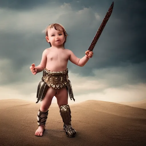 Image similar to cinematic shot of a cute baby wearing ancient roman armor and holding a sword in a desert, 8 k, very detailed, very intricate,