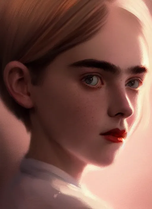 Prompt: portrait of kiernan shipka with freckles, white hair, 1 9 6 0 s bob hairstyle with bangs and hairband, intricate, elegant, glowing lights, highly detailed, digital painting, artstation, concept art, smooth, sharp focus, illustration, art by wlop, mars ravelo and greg rutkowski