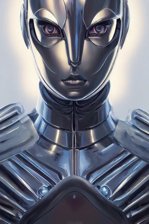 Image similar to retro-futuristic female android in chrome armour, facial portrait, rim light, ornate pattern, painting by vincent di fate, artgerm julie bell beeple, Smooth gradients, High contrast, depth of field, very coherent symmetrical artwork