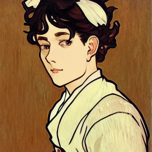 Image similar to painting of grumpy handsome anime maid man in a maid outfit, elegant, clear, painting, stylized, art, art by alphonse mucha, vincent van gogh, egon schiele,
