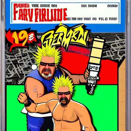 Image similar to guy fieri : backyard wrestling the video game 1 9 8 9 special tournament edition plus alpha featuring guy fieri for the nintendo genesis, game case, box art