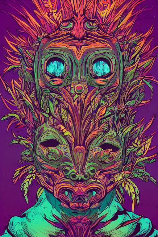 Image similar to animal mask totem roots tribal feather gemstone plant wood rock shaman vodoo video game vector illustration vivid multicolor borderlands comics by josan gonzales and dan mumford radiating a glowing aura