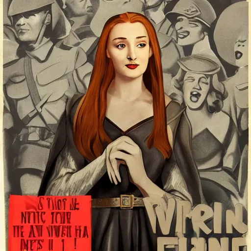 Prompt: sansa stark on northern recruitment poster, wwii propaganda style, game of thrones, high detail