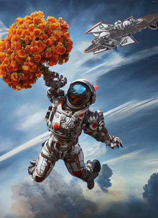 Image similar to An epic fantastic realism comic book style painting of the most beautiful flowers launched into space, fisheye lens, Apex Legends Concept Art, unreal 5, DAZ, hyperrealistic, octane render, cosplay, RPG portrait, dynamic lighting