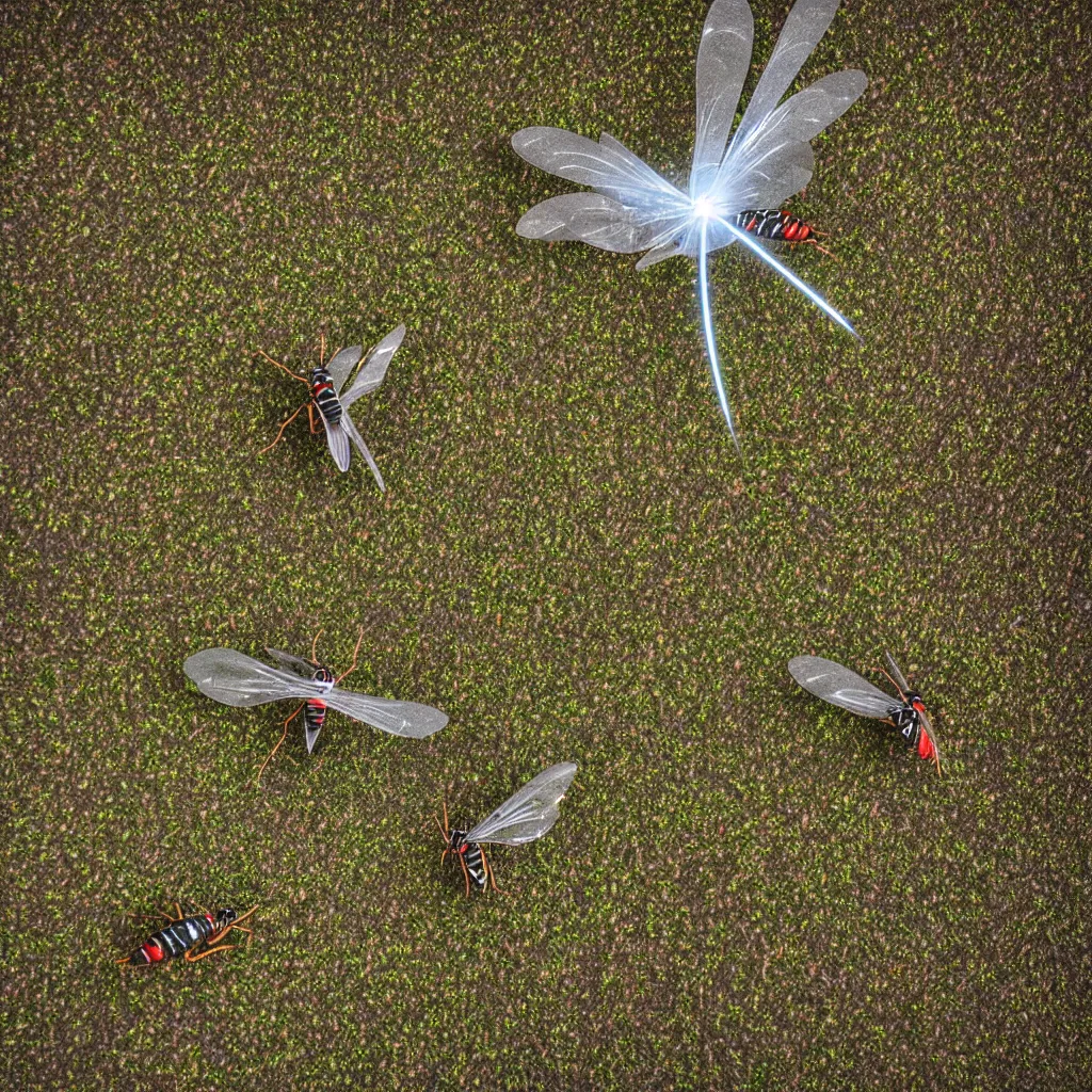Prompt: biomimetic dronecraft flying over a food forest, killing wasps with a laser in the australian desert, XF IQ4, 150MP, 50mm, F1.4, ISO 200, 1/160s, natural light