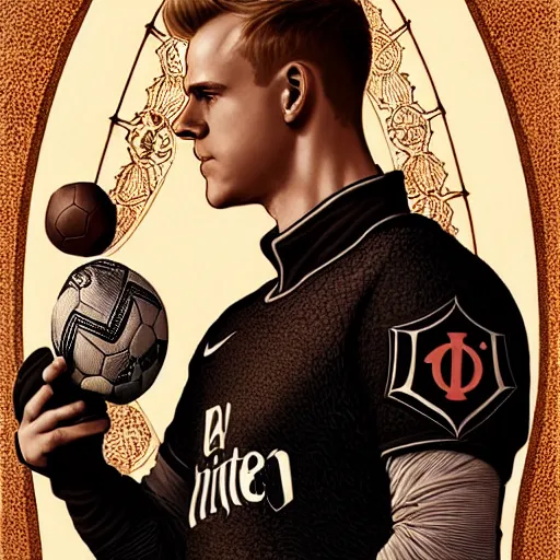 Image similar to Ter Stegen holding a bomb, goalkeeper, football pitch, D&D, fantasy, intricate, elegant, highly detailed, digital painting, artstation, concept art, matte, sharp focus, illustration, art by Artgerm and Greg Rutkowski and Alphonse Mucha