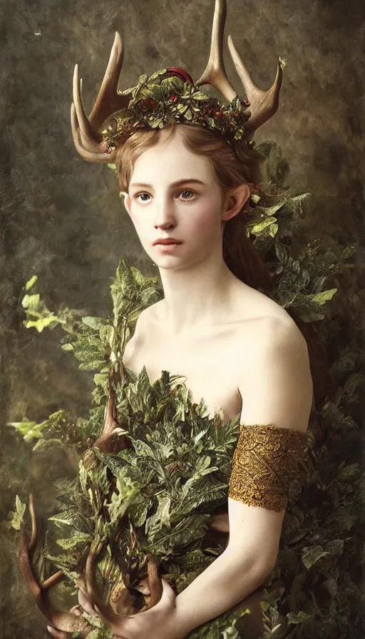 Image similar to a portrait of a beautiful elven princess with laurel crown and deer horns, overcast lighting, highly detailed, sharp focus, gritty texture, by Vladimir Lukich Borovikovsky