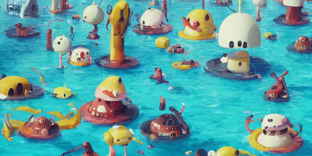 Image similar to cute anime monsters wearing floats at the swimming pool by Goro Fujita and Simon Stalenhag , 8k, trending on artstation, hyper detailed, cinematic