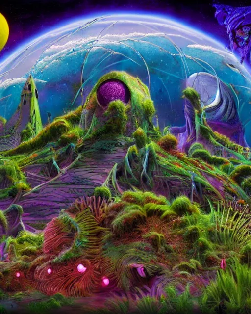 Image similar to rave party on a blue planet by roger dean, biomechanical, 4 k, hyper detailed