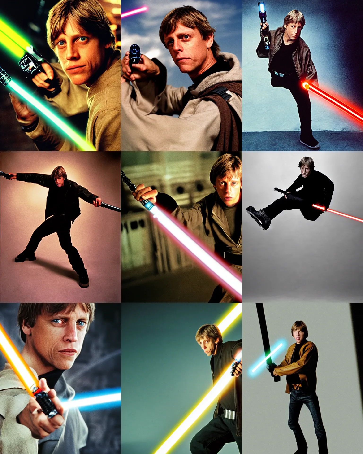 Prompt: Tony Hawk as Luke Skywalker with lightsaber, 35mm photography