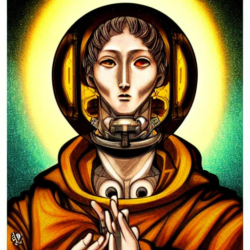 Image similar to detailed color manga illustration of a renaissance Saint with a halo, as a cyborg robot, cyberpunk, dark, akira, davinci, sistine chapel, sci-fi