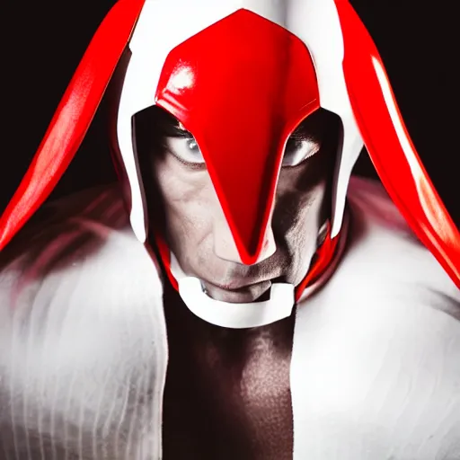 Image similar to headshot of a tall athletic muscular infantry man in glossy sleek white armor with tiny red details and a long red cape, heroic posture, strong jawline, on the surface of mars, night time, dramatic lighting, cinematic, sci-fi, hyperrealistic