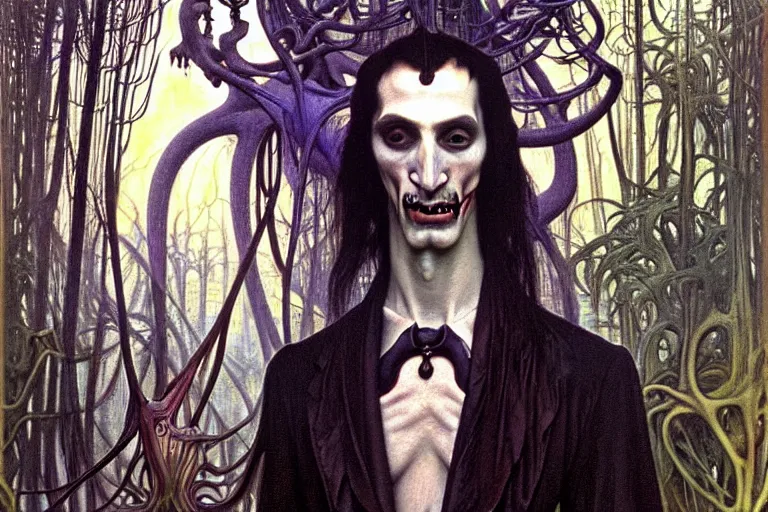 Image similar to realistic extremely detailed portrait painting of an elegantly creepy vampire man dressed as dracula, futuristic sci-fi forest on background by Jean Delville, Amano, Caravaggio, Yves Tanguy, Alphonse Mucha, Ernst Haeckel, Edward Robert Hughes, Roger Dean, rich moody colours