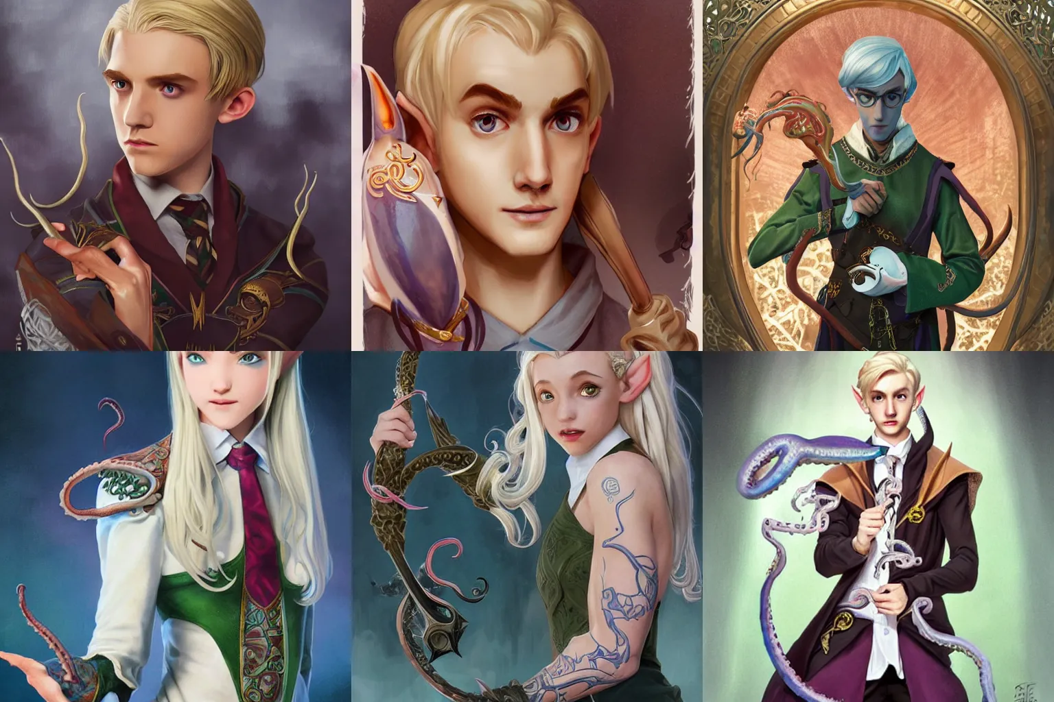 Prompt: a high elf preppy student who performs squid magic, similar to Malfoy, with a tentacle tattoo, tentacle motifs, D&D, fantasy, intricate, cinematic lighting, highly detailed, digital painting, artstation, concept art, smooth, sharp focus, illustration, art by Artgerm and Greg Rutkowski and Alphonse Mucha