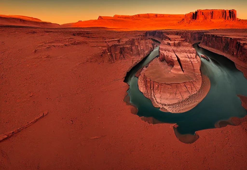 Image similar to a river bend running through a canyon surrounded by desert mountains at sunset on mars, planet mars, moab, utah, a tilt shift photo by frederic church, trending on unsplash, hudson river school, 3 5 mm photo, photo taken with provia, national geographic photo