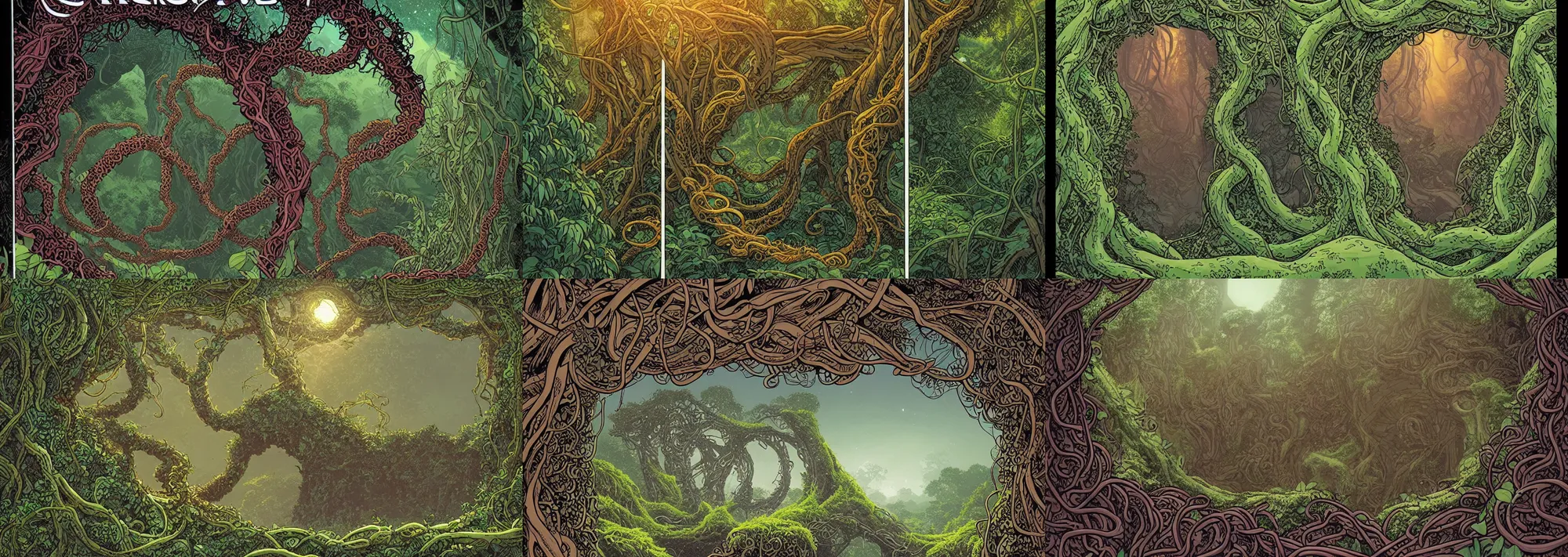 Prompt: a beautiful ultradetailed comic cover art of a gigantic ancient cosmic stone portal in the jungle, wrapped in vines and moss, at dusk, by Laurie Greasley and Quentine Mabilles, tarot card, long wispy tentacles, dramatic lighting