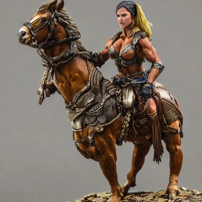 Prompt: 80mm resin detailed miniature of a Muscular Woman warrior standing next to a Horse, Product Introduction Photos, 4K, Full body, simple background