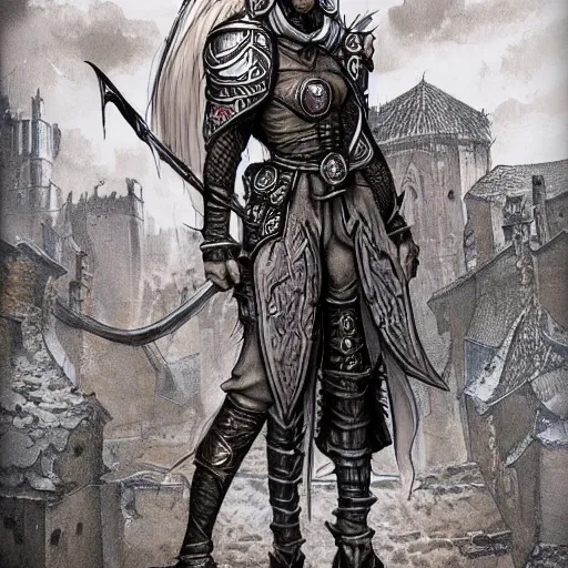 Prompt: my next dungeons and dragons character, full body art, fantasy style art, very detailed, medieval city in the background