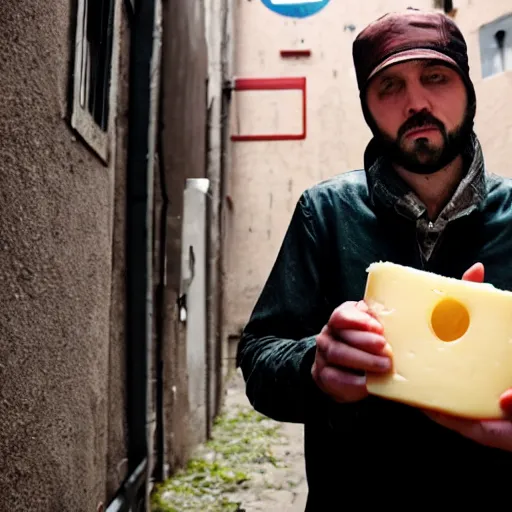 Image similar to photo of a very suspicious shady man holding cheese in a dark alleyway