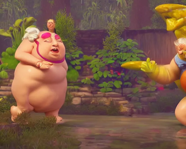 Image similar to of a very beautiful scene. ambient occlusion render. a sweet fat old woman is dancing with a huge colorful fish. hyper realistic. 4 k. wide angle. wild happiness. symmetrical face, red mouth, blue eyes. deep focus, lovely scene. ambient occlusion render. concept art. unreal engine.