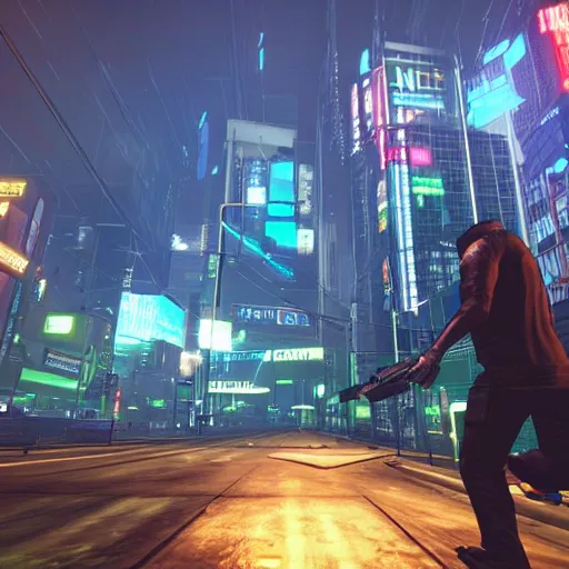 Image similar to Open world GTA-like cyberpunk game, futuristic city, HUD, screenshot, PlayStation 2