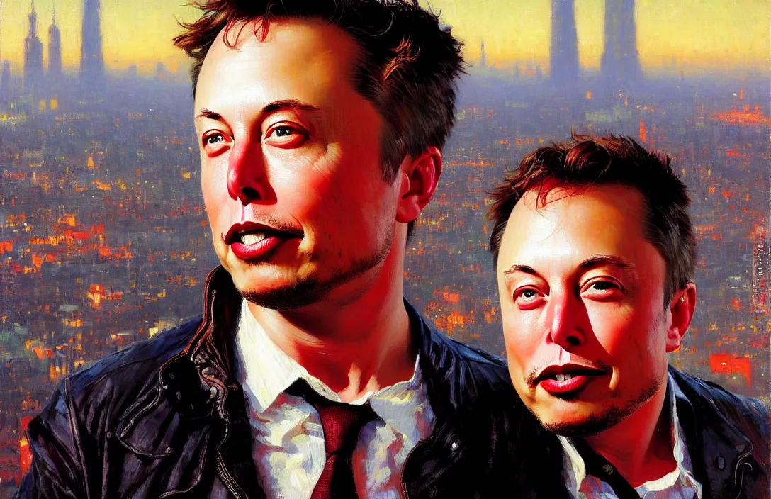 Image similar to portrait of elon musk!!!!!!!!!!!!!!!!!!!!!!!!!!!, detailed face, detailed painting, detailed city background, epic lighting, by ilya repin and phil hale