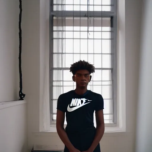 Image similar to realistic! photoshoot for a new nike lookbook, color film photography, portrait of a beautiful woman, location in a apartment, highly detailed, 8K, in style of tyler mitchell, 35mm