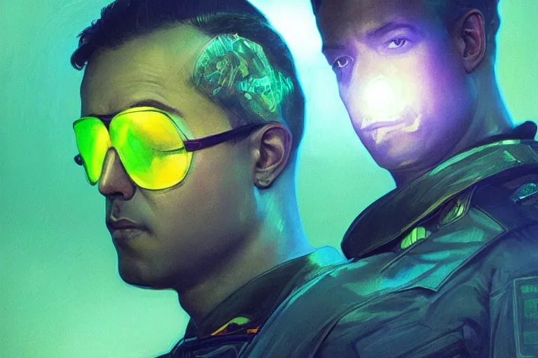 Image similar to Beautiful portrait of a glowing translucent body glowing male police officer wearing cool shades. Green fluorescent aura around officer, wide angle, magic, fire, darkness, dramatic lighting, Africa, intricate, wild, highly detailed, digital painting, artstation, concept art, smooth, sharp focus, illustration, art by artgerm and greg rutkowski and alphonse mucha, footage from space camera