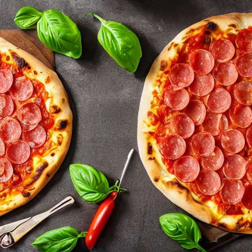 Image similar to Proper Italian pizza with salami and tomatoes, morning hard light, professional food photography, 80mm, top down