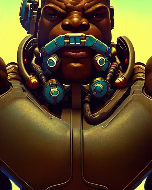 Image similar to doomfist from overwatch, character portrait, portrait, close up, concept art, intricate details, highly detailed, vintage sci - fi poster, retro future, vintage sci - fi art, in the style of chris foss, rodger dean, moebius, michael whelan, and gustave dore