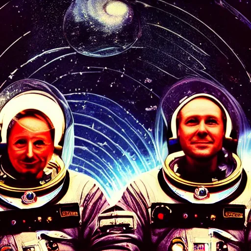 Image similar to double exposure portrait of astronaut and another astronaut with space and time in the the background by davinci, circles, psychedelic, pencil art, high definition, dynamic lighting stars, sharpness, golden ratio