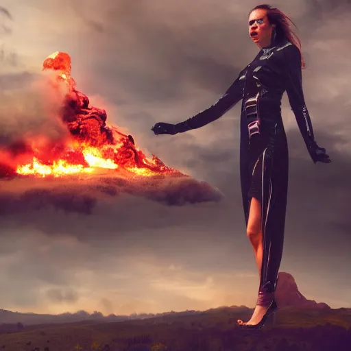 Prompt: a woman up there, sci - fi, town, on fire, giant, photoshop, creative and cool, photo manipulation, low angle