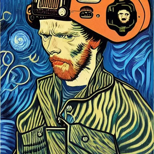 Image similar to Illustrated by Shepard Fairey and H.R. Giger | Cyberpunk Van Gogh with VR helmet, surrounded by cables