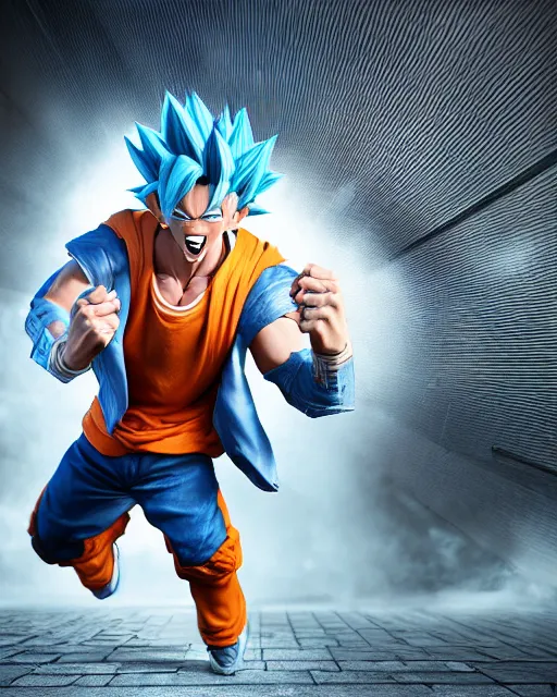 Image similar to 3 d high octane render, 8 k hyperrealism, unreal engine, photorealistic goku, portrait, dynamic lighting, photorealistic, unreal engine, octane, ultra detailed, detailed faces, hd quality, life like, high render, hd resolution