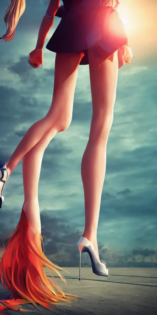 Image similar to a long blonde haired young woman superhero is walking toward the camera, bare legs, open toed high heels, symetrical face, cinematic lighting, colorful costume, solid white eyes, 8 k, cyberpunk background, sunrise,